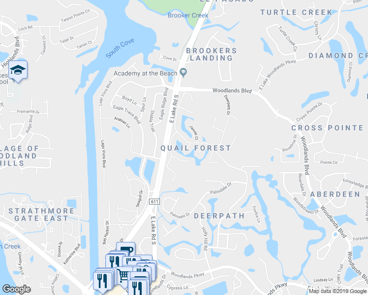 map of restaurants, bars, coffee shops, grocery stores, and more near 30 Lake Court in Oldsmar