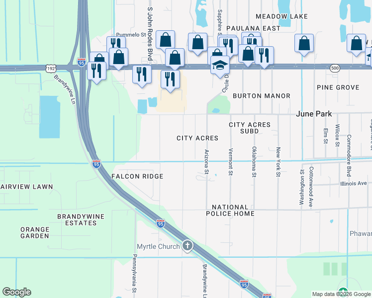 map of restaurants, bars, coffee shops, grocery stores, and more near 2255 Michigan Street in Melbourne