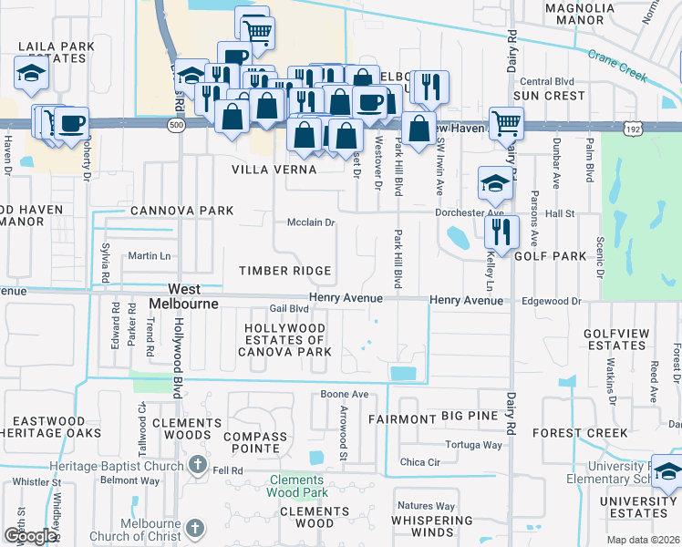 map of restaurants, bars, coffee shops, grocery stores, and more near 257 Mcclain Drive in Melbourne