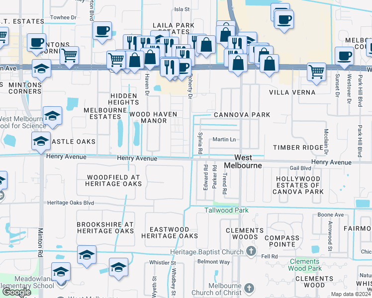 map of restaurants, bars, coffee shops, grocery stores, and more near 221 Beth Lane in West Melbourne