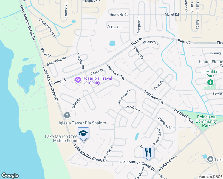 map of restaurants, bars, coffee shops, grocery stores, and more near 419 Danube Way in Poinciana