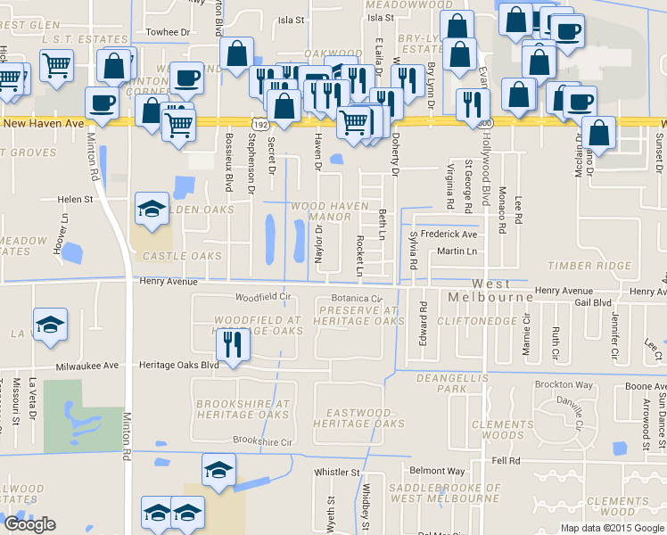 map of restaurants, bars, coffee shops, grocery stores, and more near 291 East Haven Drive in West Melbourne