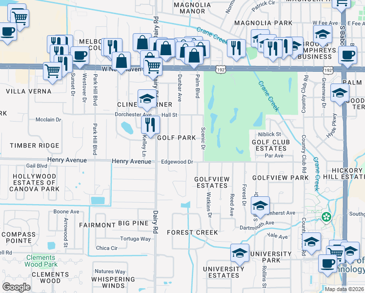 map of restaurants, bars, coffee shops, grocery stores, and more near 2407 Dunbar Avenue in Melbourne