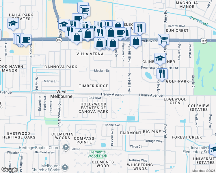 map of restaurants, bars, coffee shops, grocery stores, and more near 257 Mcclain Drive in Melbourne