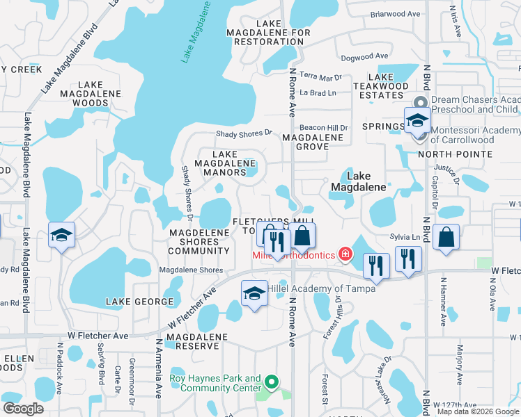 map of restaurants, bars, coffee shops, grocery stores, and more near 13936 Fletchers Mill Drive in Tampa