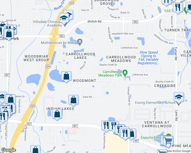 map of restaurants, bars, coffee shops, grocery stores, and more near 5426 Windbrush Drive in Tampa