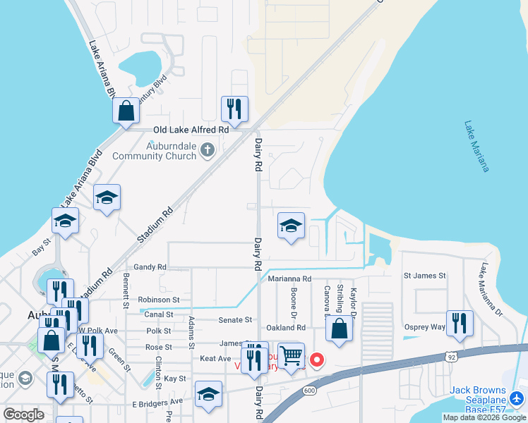 map of restaurants, bars, coffee shops, grocery stores, and more near 506 Pearsons Path in Auburndale