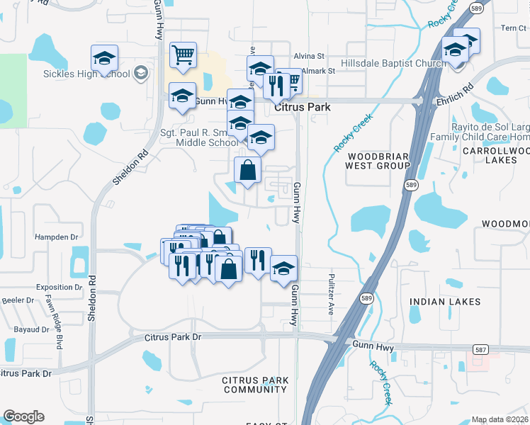 map of restaurants, bars, coffee shops, grocery stores, and more near 13916 Citrus Pointe Drive in Tampa