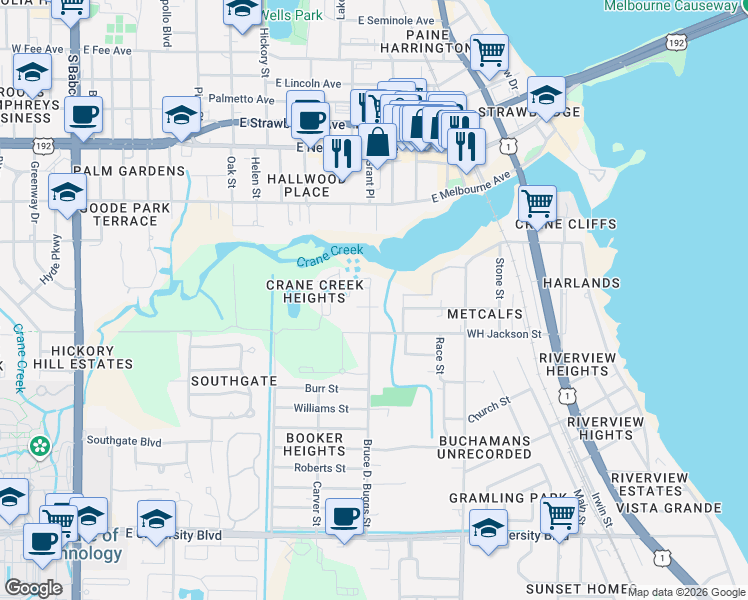 map of restaurants, bars, coffee shops, grocery stores, and more near 2343 South Grant Street in Melbourne
