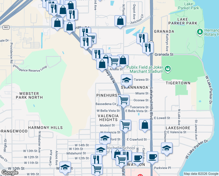 map of restaurants, bars, coffee shops, grocery stores, and more near 315 Bassedena Circle North in Lakeland