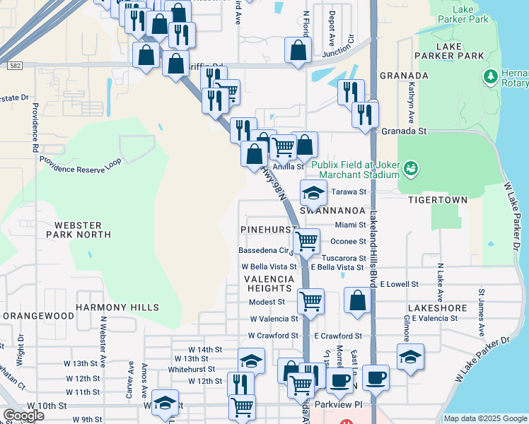map of restaurants, bars, coffee shops, grocery stores, and more near 315 Bassedena Circle North in Lakeland