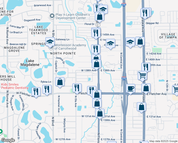 map of restaurants, bars, coffee shops, grocery stores, and more near 122 West 138th Avenue in Tampa