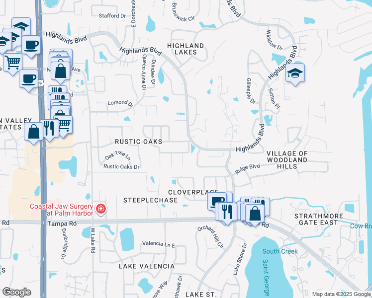 map of restaurants, bars, coffee shops, grocery stores, and more near 499 Oak View Terrace in Palm Harbor