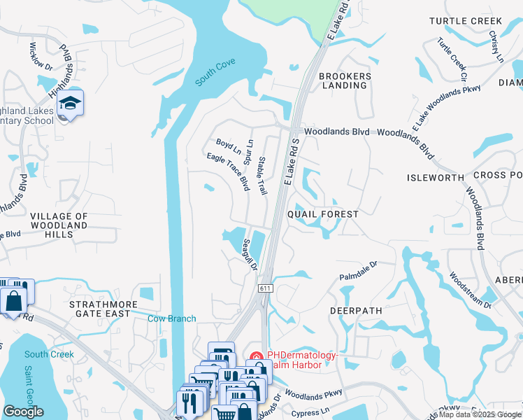 map of restaurants, bars, coffee shops, grocery stores, and more near 1646 Stable Trail in Palm Harbor