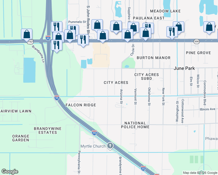 map of restaurants, bars, coffee shops, grocery stores, and more near 2255 Michigan Street in Melbourne