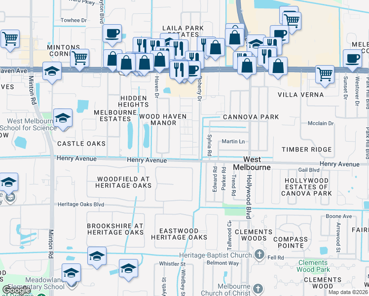 map of restaurants, bars, coffee shops, grocery stores, and more near 2275 Crippen Court in West Melbourne