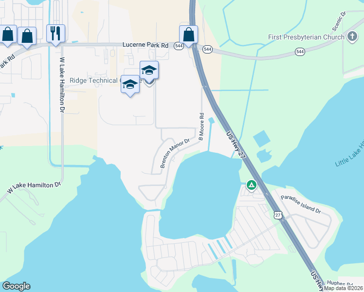 map of restaurants, bars, coffee shops, grocery stores, and more near 1048 Brenton Manor Drive in Winter Haven