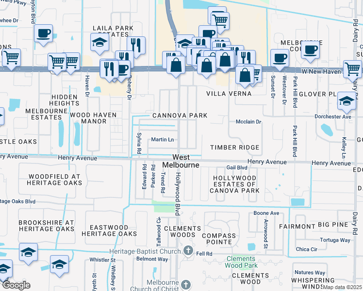 map of restaurants, bars, coffee shops, grocery stores, and more near 282 Hollywood Boulevard in Melbourne