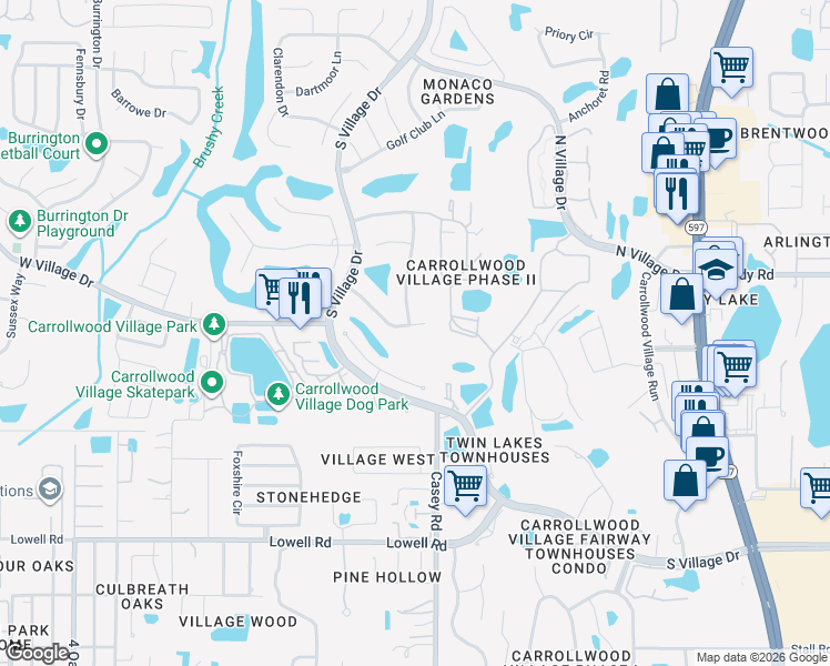map of restaurants, bars, coffee shops, grocery stores, and more near 4306 Southpark Drive in Tampa