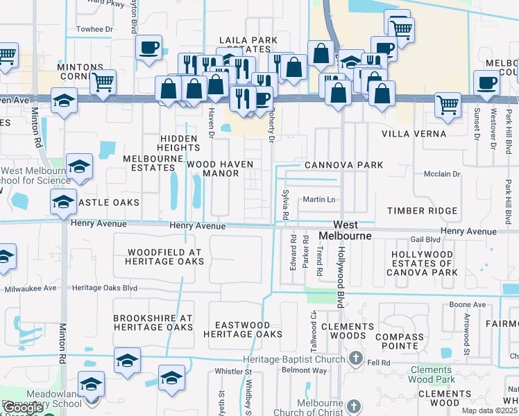 map of restaurants, bars, coffee shops, grocery stores, and more near 221 Beth Lane in West Melbourne