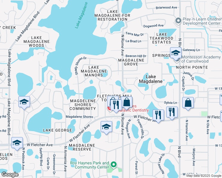 map of restaurants, bars, coffee shops, grocery stores, and more near 13924 Fletchers Mill Drive in Tampa