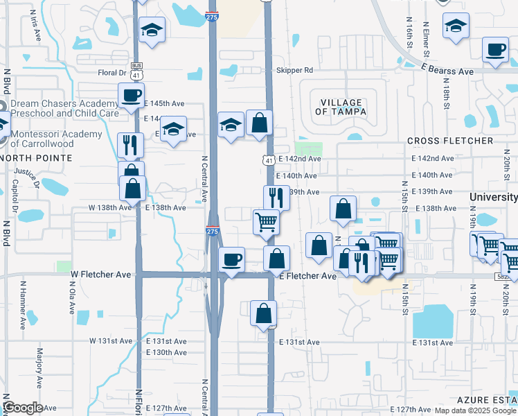 map of restaurants, bars, coffee shops, grocery stores, and more near 13723 Charles Street in Tampa
