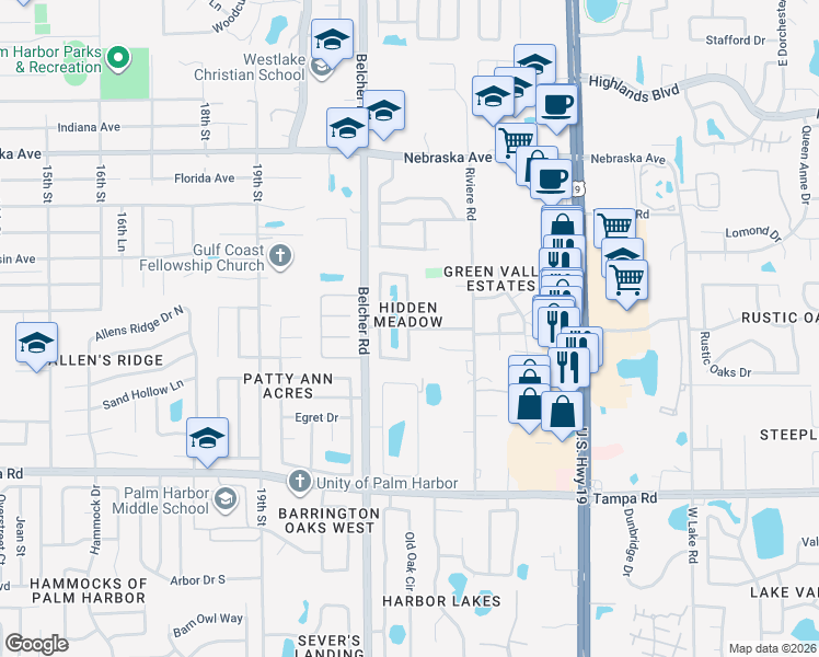 map of restaurants, bars, coffee shops, grocery stores, and more near 400 Still Meadows Circle East in Palm Harbor