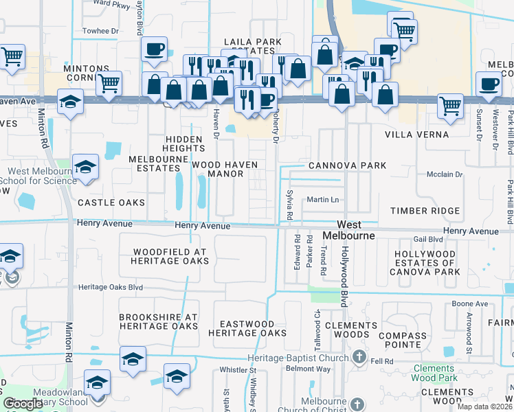 map of restaurants, bars, coffee shops, grocery stores, and more near 2275 Crippen Court in West Melbourne