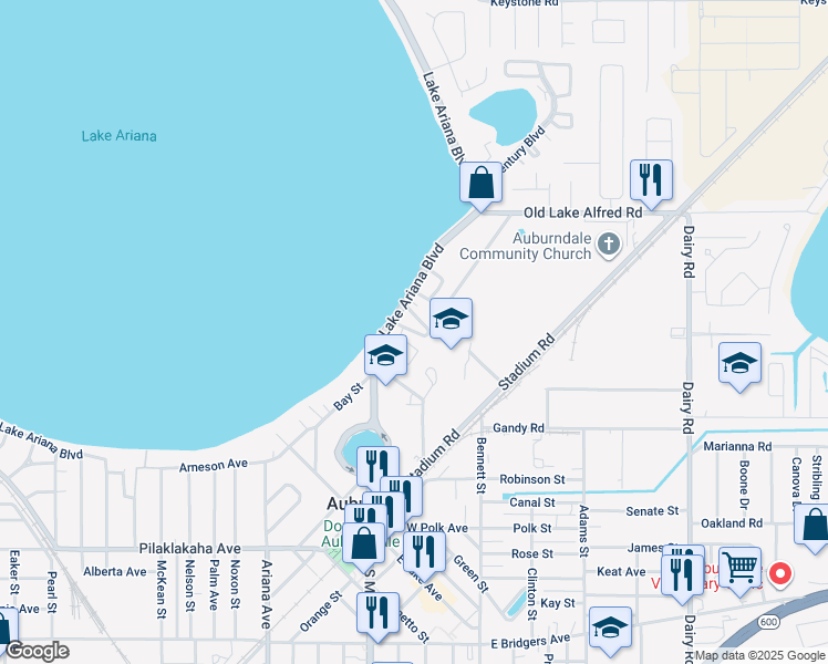 map of restaurants, bars, coffee shops, grocery stores, and more near 316 Ariana Boulevard in Auburndale
