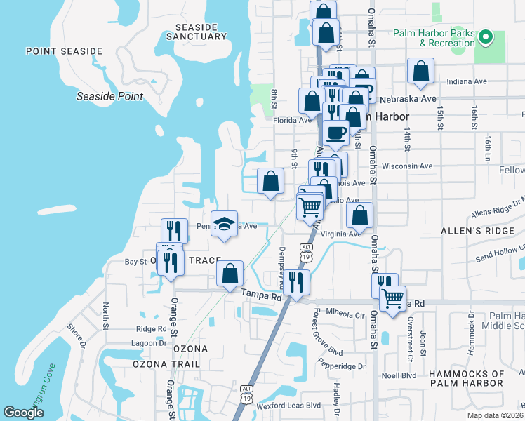 map of restaurants, bars, coffee shops, grocery stores, and more near 500 High Pine Court in Palm Harbor