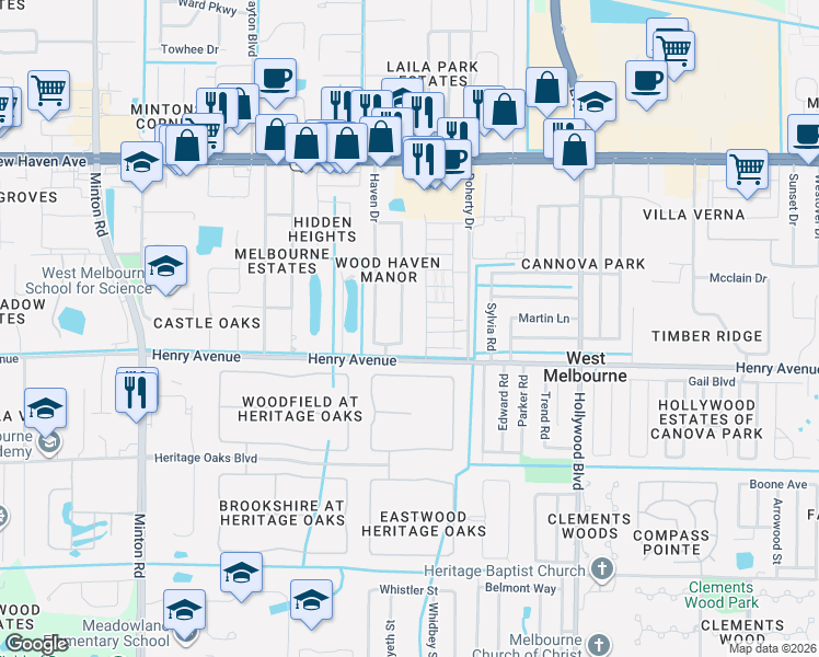 map of restaurants, bars, coffee shops, grocery stores, and more near 291 East Haven Drive in West Melbourne