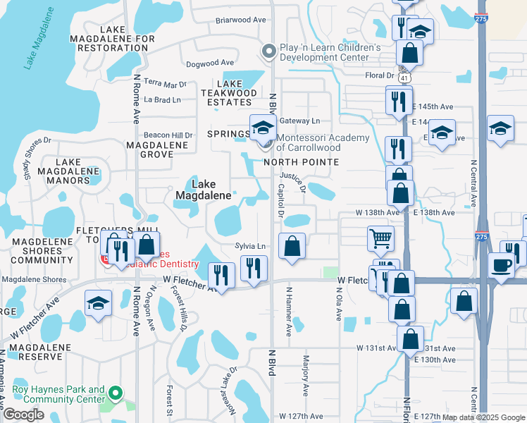map of restaurants, bars, coffee shops, grocery stores, and more near 13850 North Boulevard in Tampa