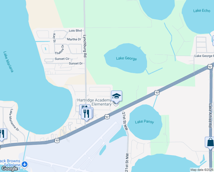 map of restaurants, bars, coffee shops, grocery stores, and more near 477 Gulf Stream Drive in Lake Alfred