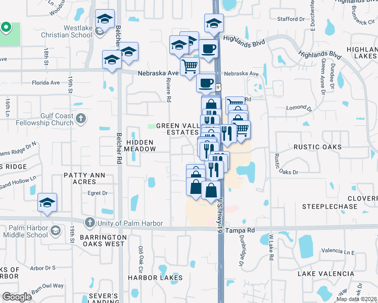 map of restaurants, bars, coffee shops, grocery stores, and more near 2325 Maben Avenue in Palm Harbor