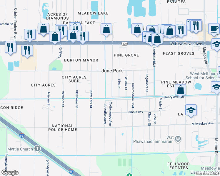 map of restaurants, bars, coffee shops, grocery stores, and more near 2320 Wood Street in Melbourne