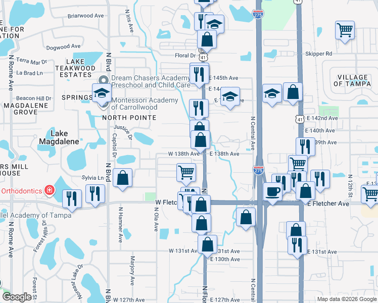 map of restaurants, bars, coffee shops, grocery stores, and more near 122 West 138th Avenue in Tampa