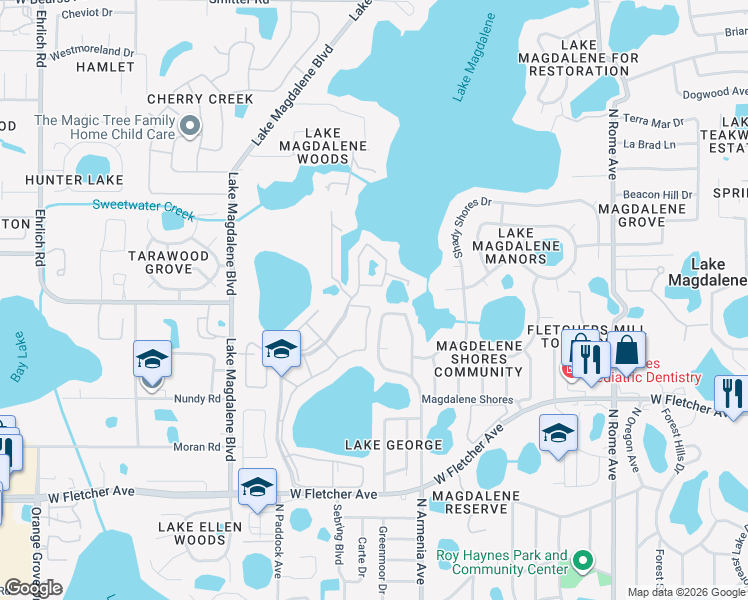 map of restaurants, bars, coffee shops, grocery stores, and more near 13620 Park Lake Drive in Tampa