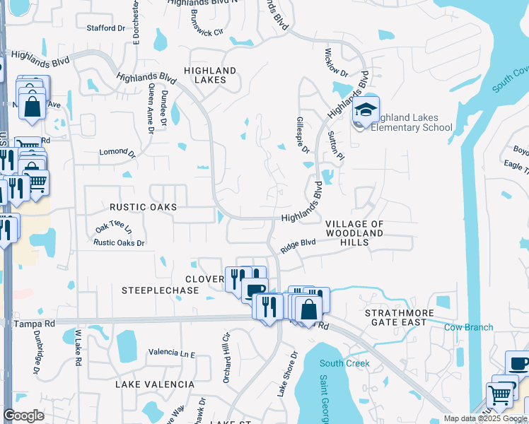 map of restaurants, bars, coffee shops, grocery stores, and more near 3337 Gorse Court in Palm Harbor
