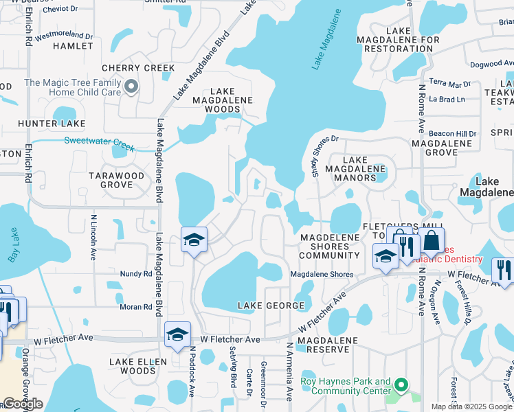 map of restaurants, bars, coffee shops, grocery stores, and more near 13620 Park Lake Drive in Tampa