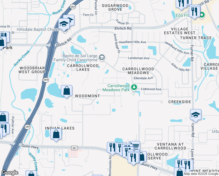 map of restaurants, bars, coffee shops, grocery stores, and more near 5415 Windbrush Drive in Tampa
