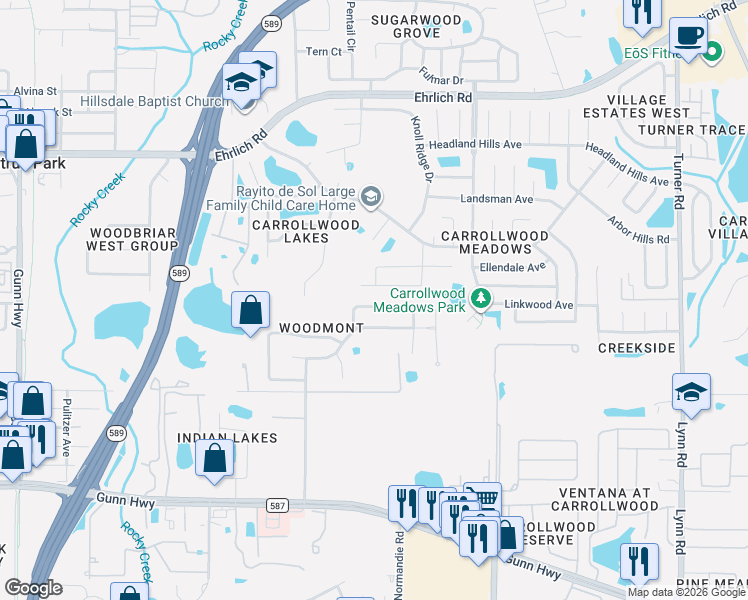 map of restaurants, bars, coffee shops, grocery stores, and more near 5423 Windbrush Drive in Tampa