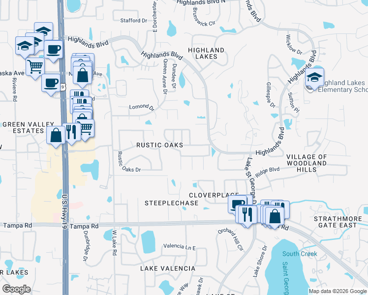 map of restaurants, bars, coffee shops, grocery stores, and more near 3030 Cypress Green Drive in Palm Harbor