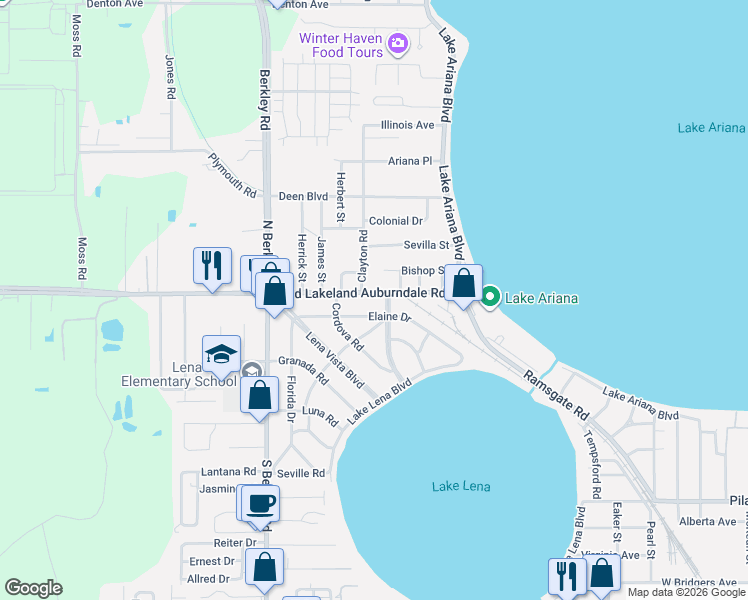map of restaurants, bars, coffee shops, grocery stores, and more near 207 Elaine Drive in Auburndale
