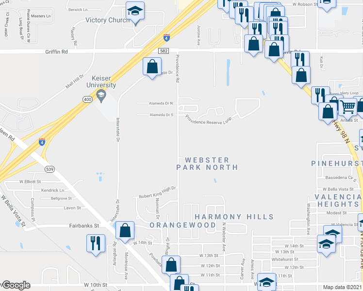 map of restaurants, bars, coffee shops, grocery stores, and more near 2225 Providence Road in Lakeland
