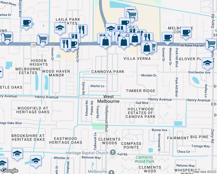 map of restaurants, bars, coffee shops, grocery stores, and more near 226 Hollywood Boulevard in Melbourne