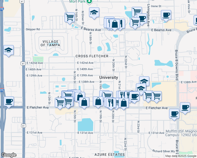 map of restaurants, bars, coffee shops, grocery stores, and more near 1902 East 139th Avenue in Tampa