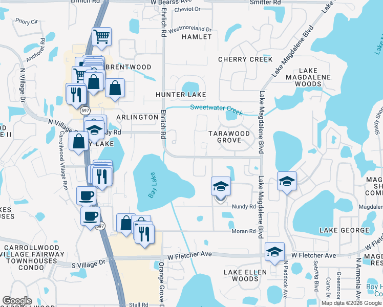 map of restaurants, bars, coffee shops, grocery stores, and more near 3203 Ehrlich Road in Tampa
