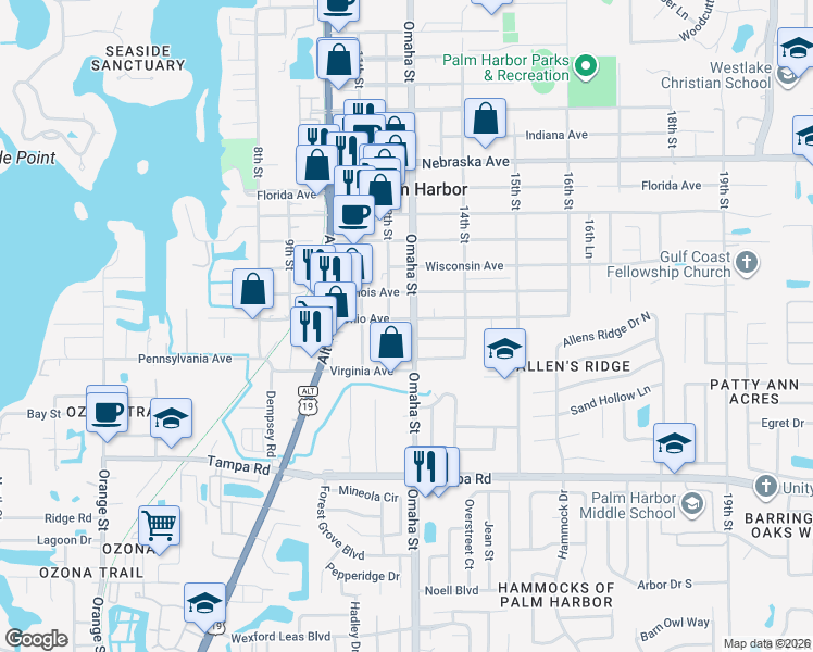 map of restaurants, bars, coffee shops, grocery stores, and more near 551 Omaha Street in Palm Harbor