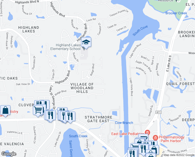 map of restaurants, bars, coffee shops, grocery stores, and more near 640 Deer Run North in Palm Harbor