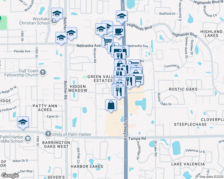 map of restaurants, bars, coffee shops, grocery stores, and more near 706 Green Valley Road in Palm Harbor
